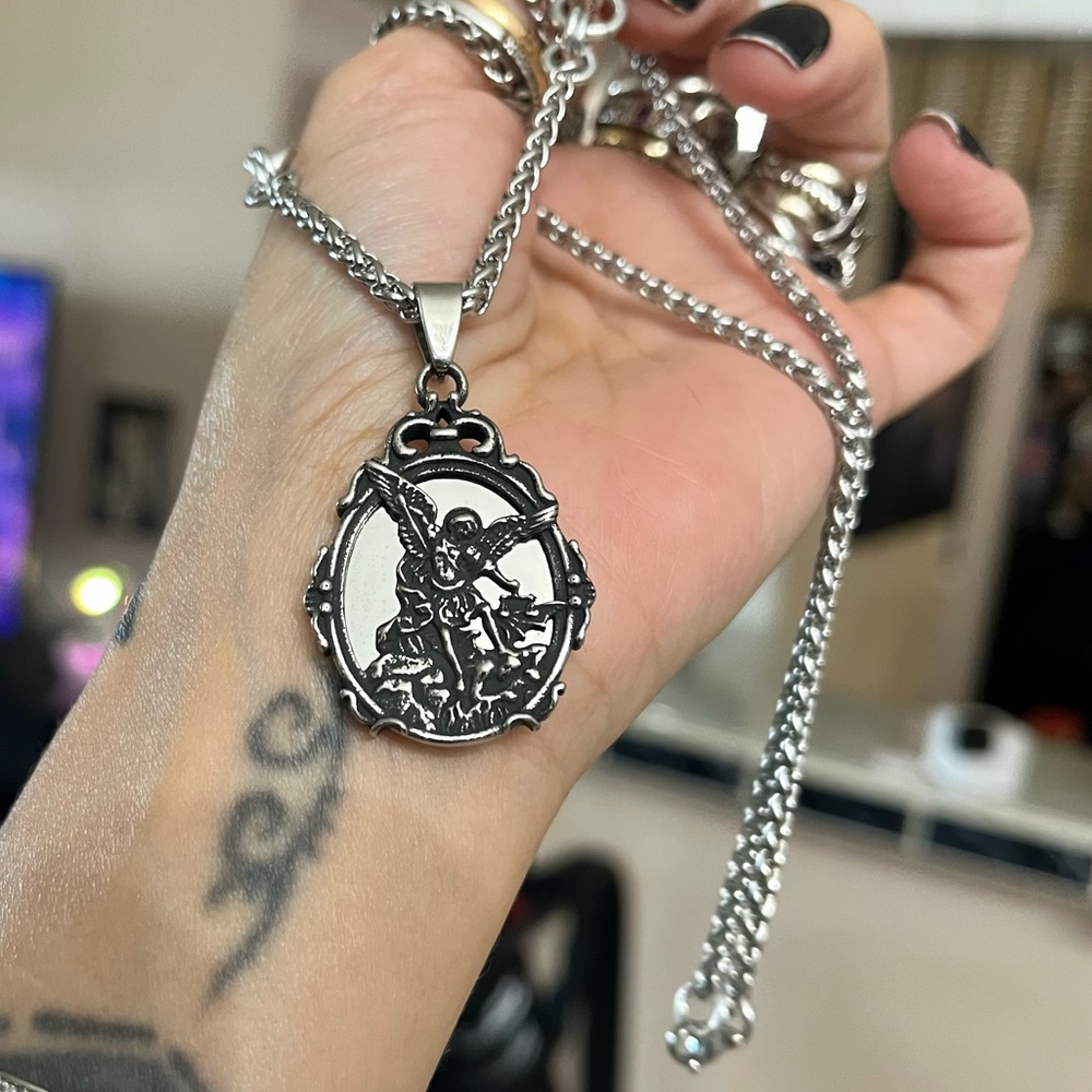 Handmade maille stainless steel necklace + st michael angel medal mirror charm - Picture 12 of 15